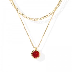 弘徳ゴールデンハーモニー レイヤードネックレス 1-----14K ゴールドメッキ レイヤードネックレス 女性用 ジェムストーン ペンダント フィガロ チェーン ネックレス カーネリアン、グリーン アベンチュリン、マラカイト レイヤード ネックレス